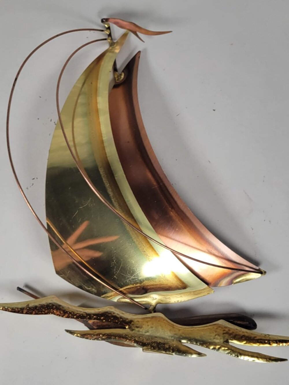 Vintage MCM Brass Copper Sailboat Mounted on Wood Nautical Coastal Figurine